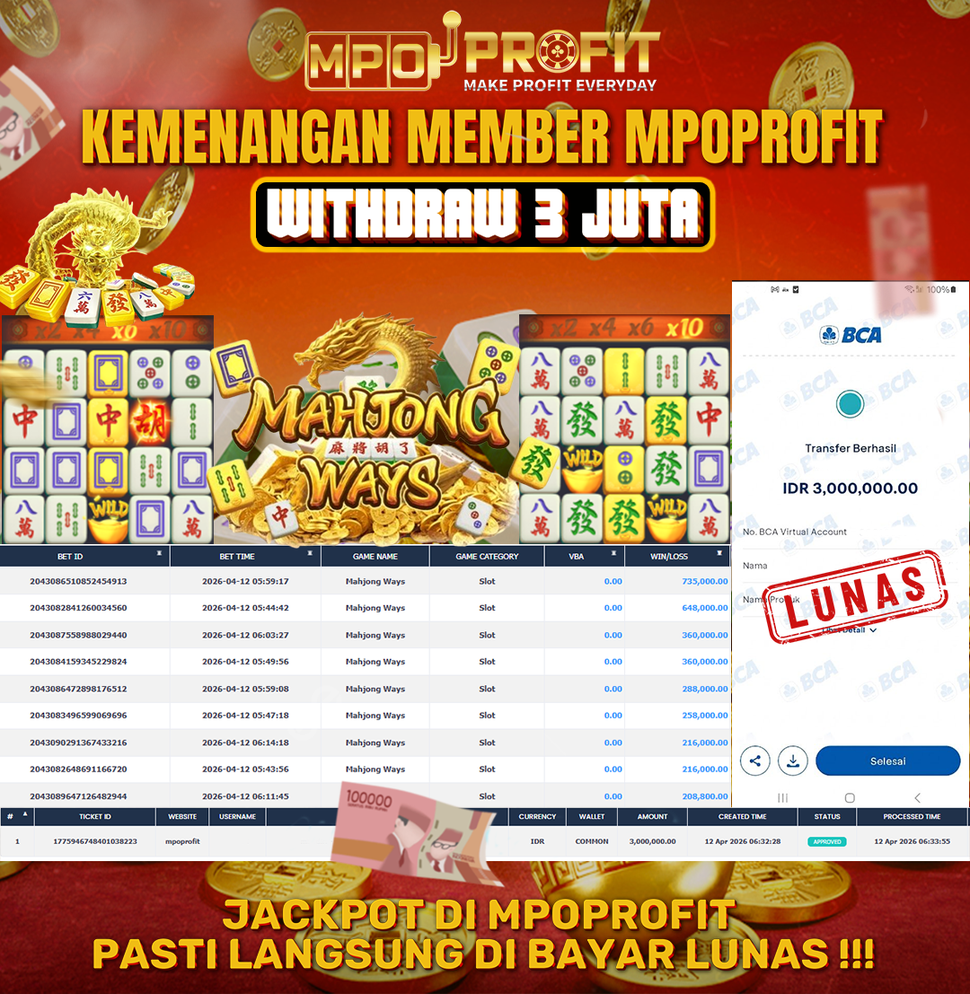 MPOPROFIT JACKPOT SLOT PGSOFT! KEMENANGAN MURNI DI (MAHJONG WAYS TOTAL RP 3.000.000,- LUNAS)